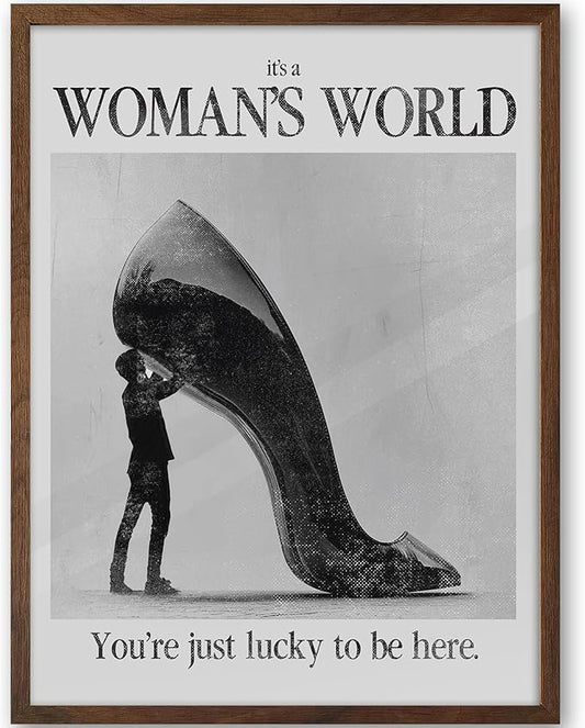 iHery Natural OAK Wood Woman's World Walnut Color Framed Wall Art, 12x16in Retro Feminist Modern Hot Girls Canvas Wall Art, Trendy Black High Heels Bedroom Decor, Bathroom Living Room 1Pack