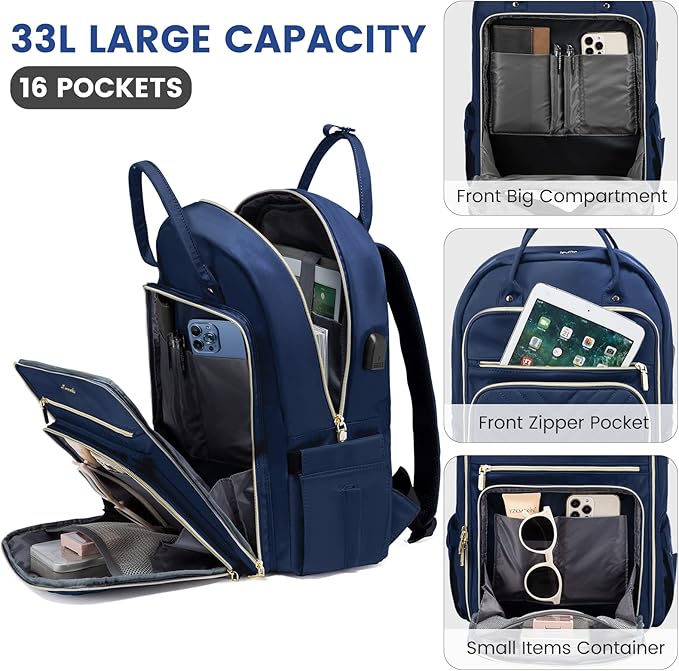 LOVEVOOK 17.3 Inch Laptop Backpack for Women,Fashion Work Backpack Purse for Women Men,Waterproof Travel Work Backpacks Purse for Teacher Nurse, Navy Blue.