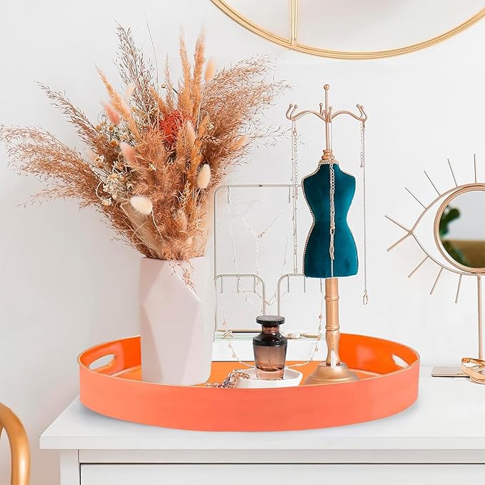 Fuukoou Orange Round Serving Tray with Handles,13" Decorative Ottoman Coffee Table for Perfume,Living Room,Home Decor