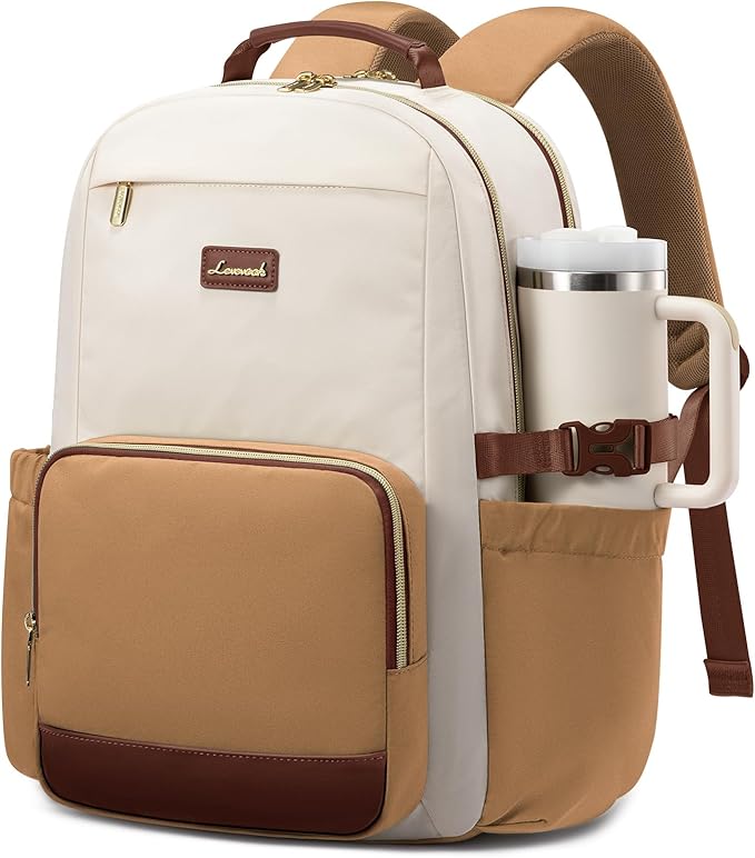 LOVEVOOK Laptop Backpack for Women with Pouch Pocket for Large Capacity Cup,15.6 Inch Laptop Computer Bag Travel Backpack Purse,Waterproof Work Business Backpack College Teacher Bag,Beige-Brown-Bbrown