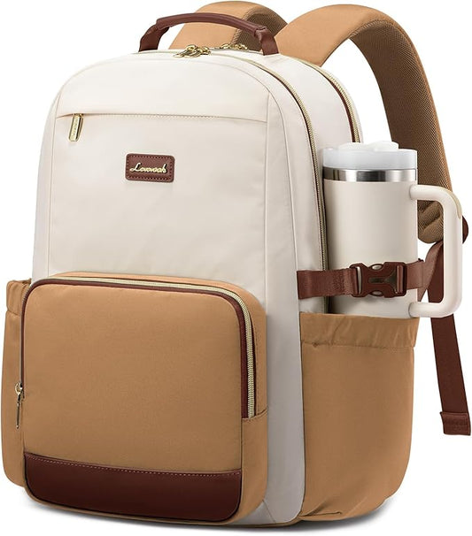 LOVEVOOK Laptop Backpack for Women with Pouch Pocket for Large Capacity Cup,15.6 Inch Laptop Computer Bag Travel Backpack Purse,Waterproof Work Business Backpack College Teacher Bag,Beige-Brown-Bbrown