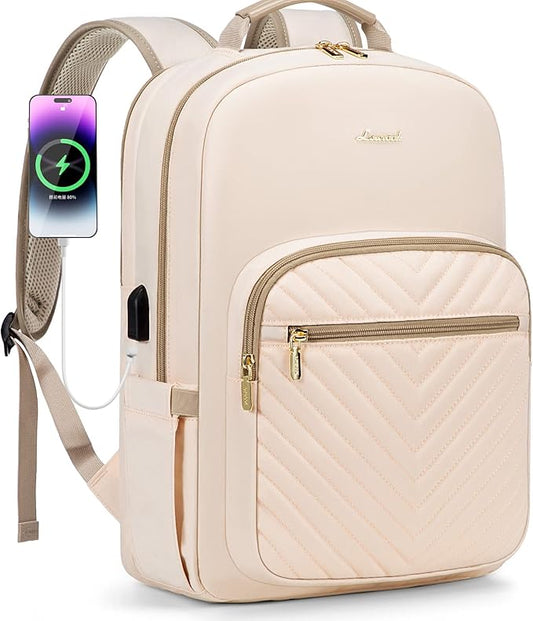 LOVEVOOK Laptop Backpack for Women 15.6 inch,Cute Womens Travel Backpack Purse,Professional Laptop Computer Bag,Waterproof Work Business College Teacher Bags Carry on Backpack with USB Port,Off-white