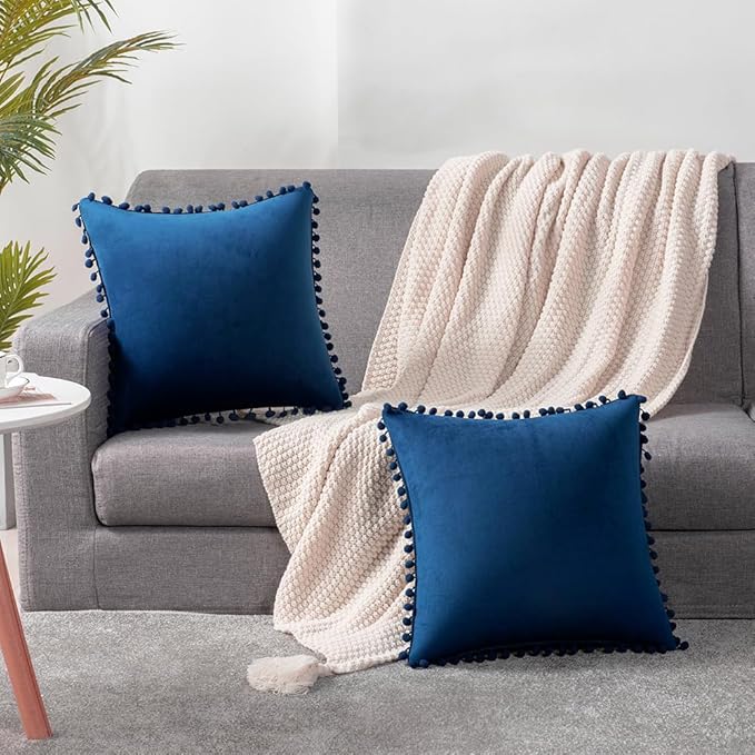 DEZENE 18x18 Throw Pillow Covers Dark-Blue: 2 Pack Cozy Soft Pom-poms Velvet Square Decorative Pillow Cases for Farmhouse Home Decor