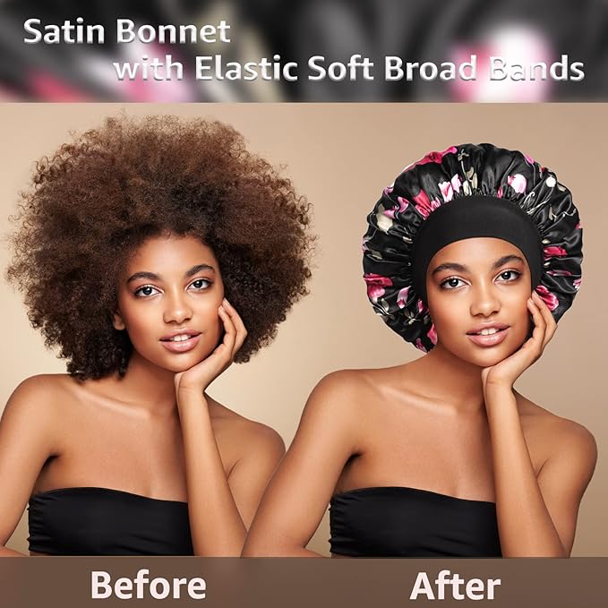 3 Pack Satin Bonnet Silk Hair Bonnet for Sleeping, Sleep Bonnets for Women Large Wide Soft Band Sleep Cap for Curly Hair Braids