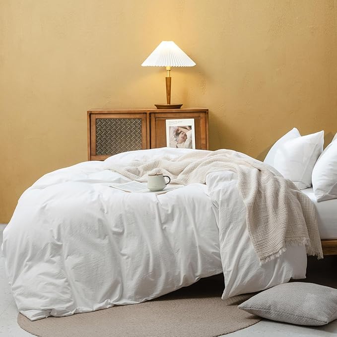 FOSSA White Duvet Cover Set, 100% Washed Cotton Linen Feel Super Soft Breathable Cozy 3 Pieces Bedding Sets Solid Off White Oversized Queen