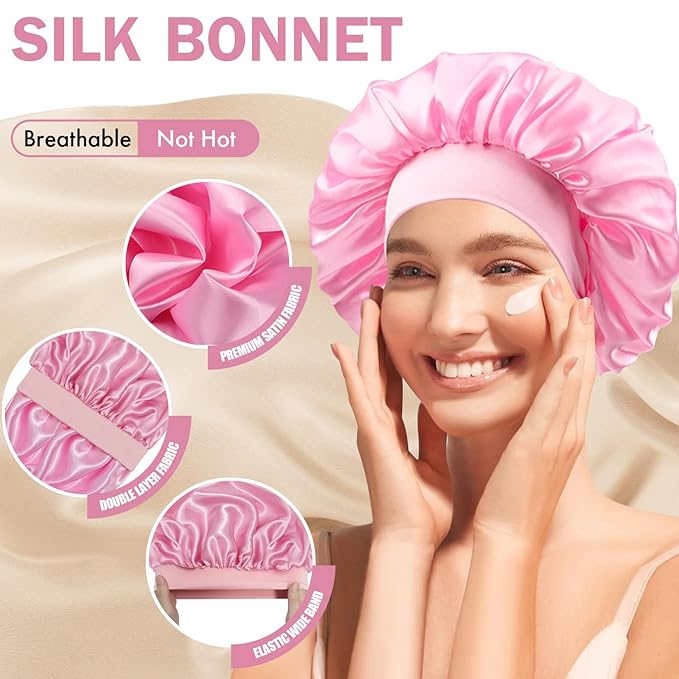 Satin Silk Bonnet for Sleeping, Double Layer Silk Sleep Cap for Men & Women, Soft Satin Lined Bonnet for Natural & Curly Hair(Pink)