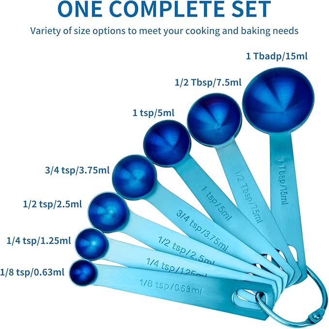 Measuring Spoons, SUS304 Stainless Steel Measuring Cups Set of 7 Piece： 1Tbsp&1/2Tbsp,1tsp,3/4tsp,1/2tsp,1/4tsp,1/8tsp Teaspoon Coffee Scoop Tablespoon for Dry and Liquid Ingredients, Blue
