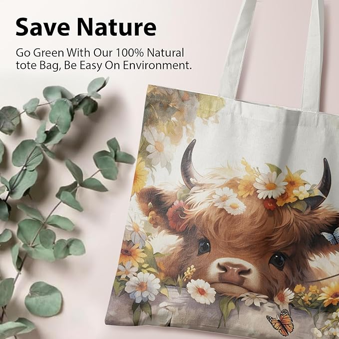 Western Highland Cow Canvas Tote Bag - Highland Cow Lover Gifts,Canvas Shoulder Bag for Women for Girls