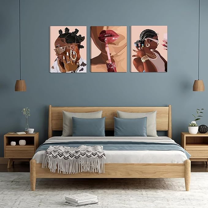 ANVOTIG Framed African American Black Girl Canvas Wall Art Set of 3 Fashion Black Women Wall Decor Pictures Hip Hop Sunglasses Jewelry Posters Prints Paintings for Home Living Room Bedroom16x24in