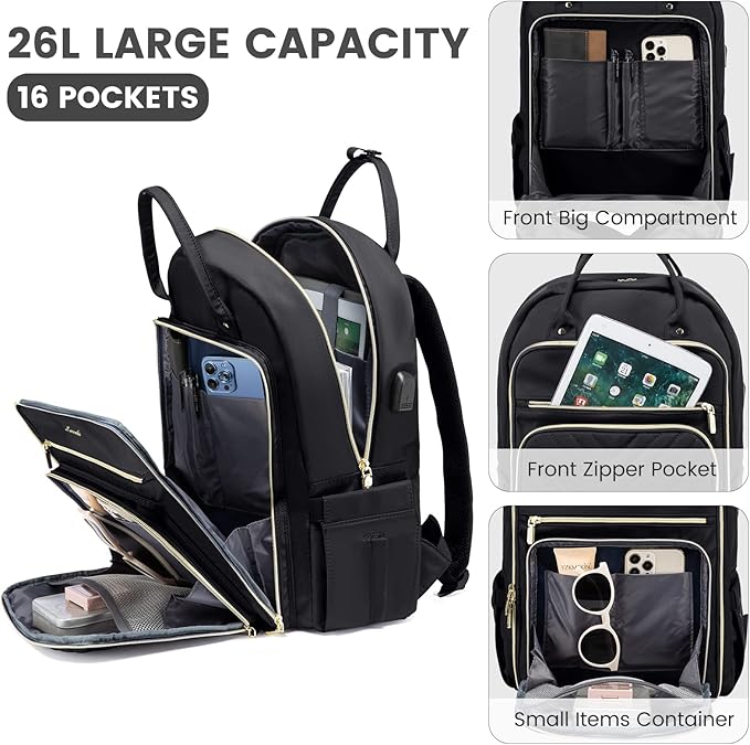 LOVEVOOK Laptop Backpack Women Teacher Backpack,15.6 Inch Laptop Bag with USB Port,Waterproof Daypack for Work Travel,Black