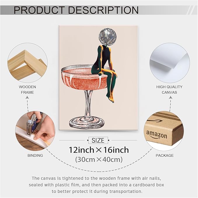 Funky Disco Ball Girly Head Poster 70s Retro Cocktail Canvas Wall Art 12x16 inch Framed Trendy Vintage Beige Prints Painting for Family Bar Wall Decor