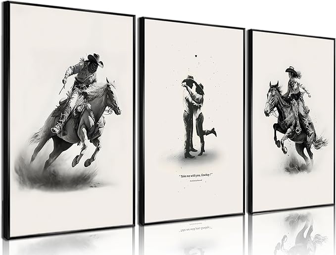 3 Pcs Western Cowboy Wall Canvas Art Simple Romantic Cowboy Couple Posters prints Paintings Western Eclectic Wall Decor Pictures for Living room and bedroom home Decor Unframed