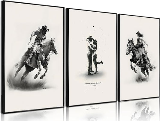 3 Pcs Western Cowboy Wall Canvas Art Simple Romantic Cowboy Couple Posters prints Paintings Western Eclectic Wall Decor Pictures for Living room and bedroom home Decor Unframed