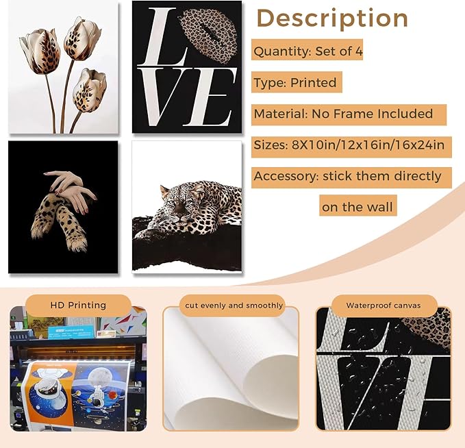 Kousne 4PCS Black and Gold Leopard Rose Print stockholm cheetah Poster Set Trendy Women’s Aesthetic Wall Art Canvas Prints Decor for Bedroom Living Room Office Beauty Salon Unframed 8x10 Inch