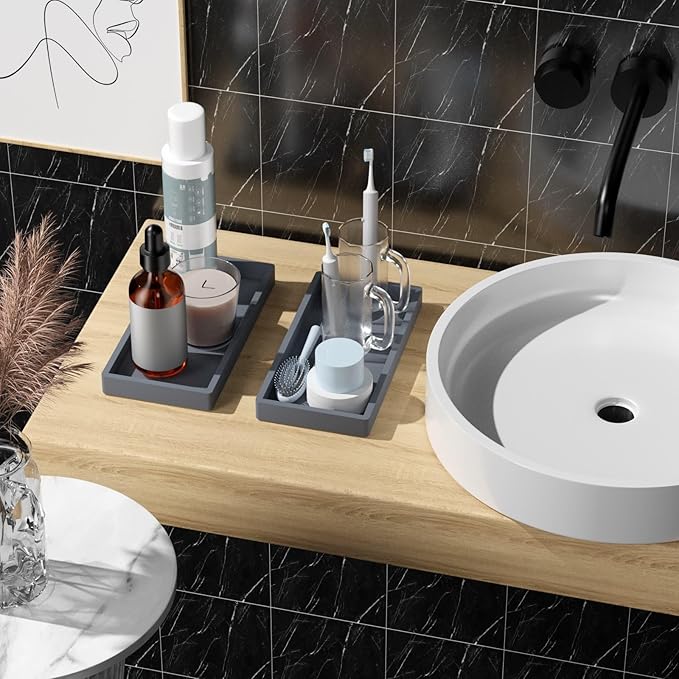 BBK Bathroom Vanity Tray 7.8 in - 2 Pack(Small) Silicone Bathroom Tray for Counter, Perfume Key Trinket Ring Tray, Decor Soap Dispenser Countertop Tray for Kitchen Sink Organization (Gray)