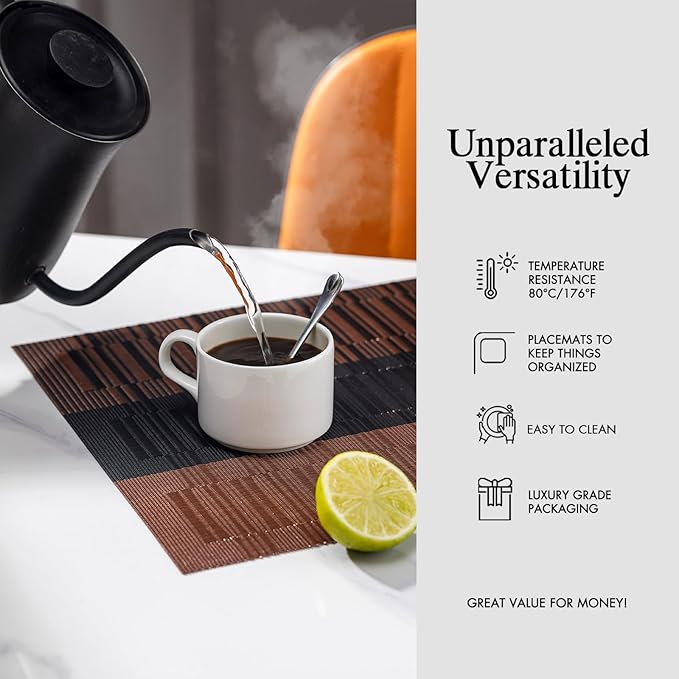 Placemats Set of 6 - Easy Clean Woven Vinyl Placemats for Dining Table, Indoor/Outdoor Place Mats, Washable PVC Table Mats （Ombre Brown Black）