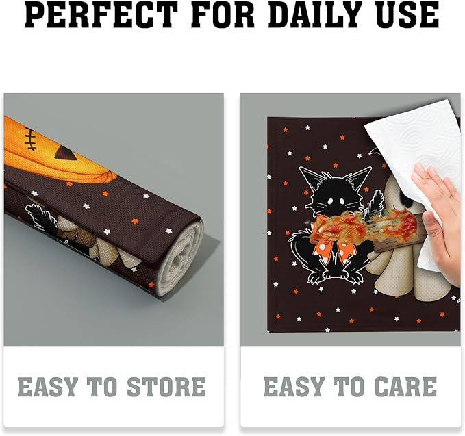 Giwawa Halloween Placemats Set of 4 Spooky Pumpkin Ghost Black Cat Bats Place Mat 12x18inch for Kitchen Tabletop Indoor Outdoor Non Slip Heat Resistant Table Mats for Dining Holiday Decor