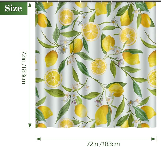 Aimego Lemon Fruit Shower Curtain - Yellow Lemon Green Leaves Plant Floral Modern Nature Fabric Cloth Bath Shower Curtain Set with 12 Hooks for Bathroom Decor Accessories, 72"x72"
