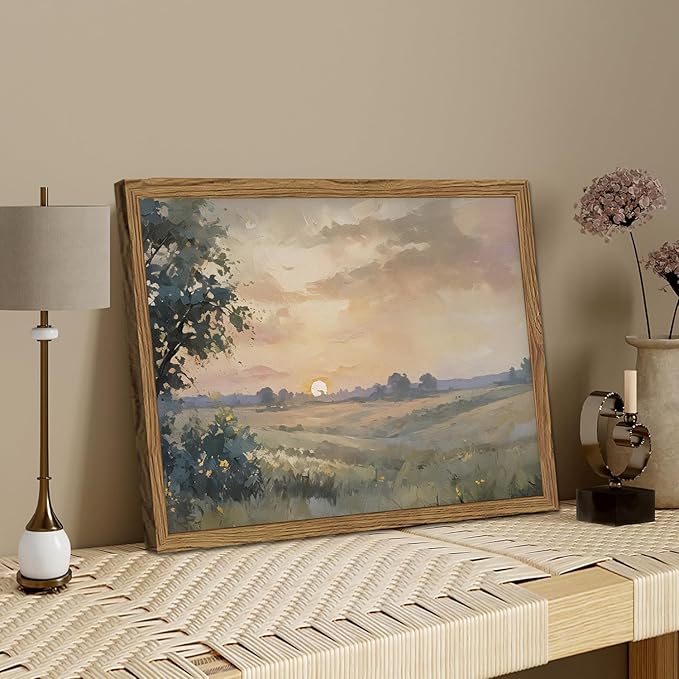 Framed 3D Textured Wall Art, Vintage Fall Sunset Wall Decor Painting, Hand Drawn Sandstone Nature Watercolor Landscape Pictures for Living Room Bedroom Home Decor 16x24 inch Wood Frame