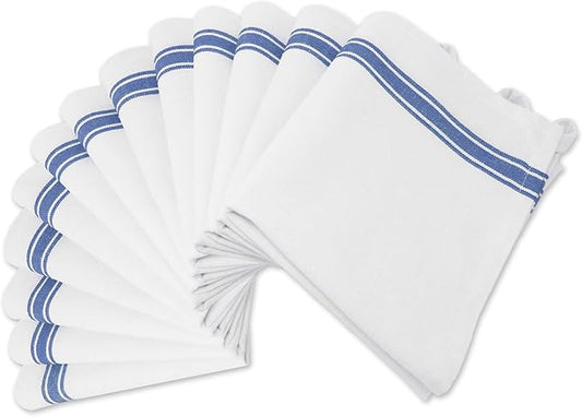 Aunti Em's Kitchen Dish Towels Set (13 Pack) Natural Cotton Fabric for Embroidery - Zero-Lint Cloth for Drying Glasses, Plates, Hand - 25.5 x 15.5 Inch (13-Pack Blue Stripes)