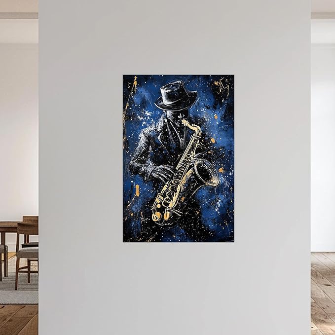SWQYLB Black Music Wall Art Abstract Jazz Wall Decor African American Painting Canvas Musical Instruments Pictures Classroom Music Men Room Decor Framed (Blue, (16.00" x 24.00"))
