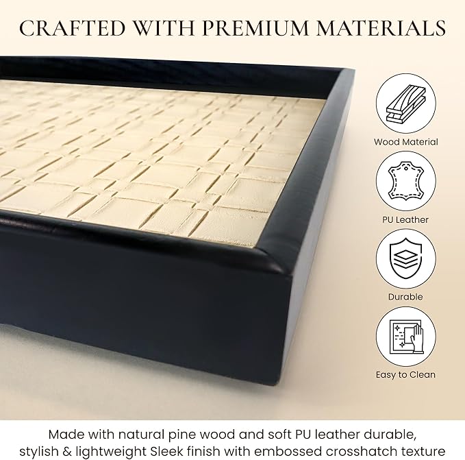 Solvane Wooden Serving Tray - 15x11in Rectangular Ottoman & Coffee Table Tray, Decorative Wood Tray with PU Leather Base for Living Room, Kitchen, Bathroom & Vanity