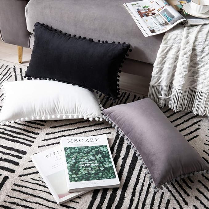 DEZENE Throw Pillow Covers 12x20 Dark-Grey: 2 Pack Cozy Soft Pom-poms Velvet Rectangular Decorative Pillow Cases for Farmhouse Home Decor