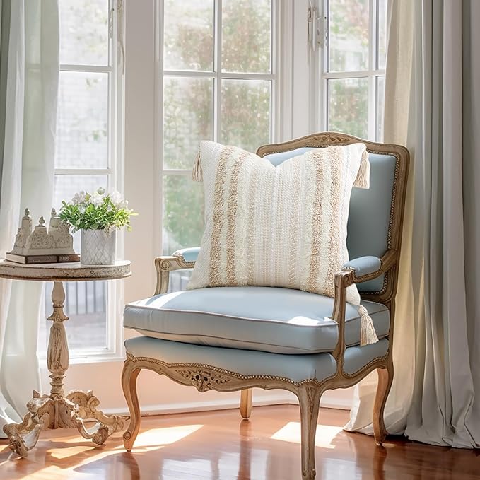 decorUhome Decorative Boho Throw Pillow Cover 18x18, Accent Neutral Textured Tufted Pillow Cover Striped for Couch Bed Sofa, Khaki and Cream White, Pack of 1