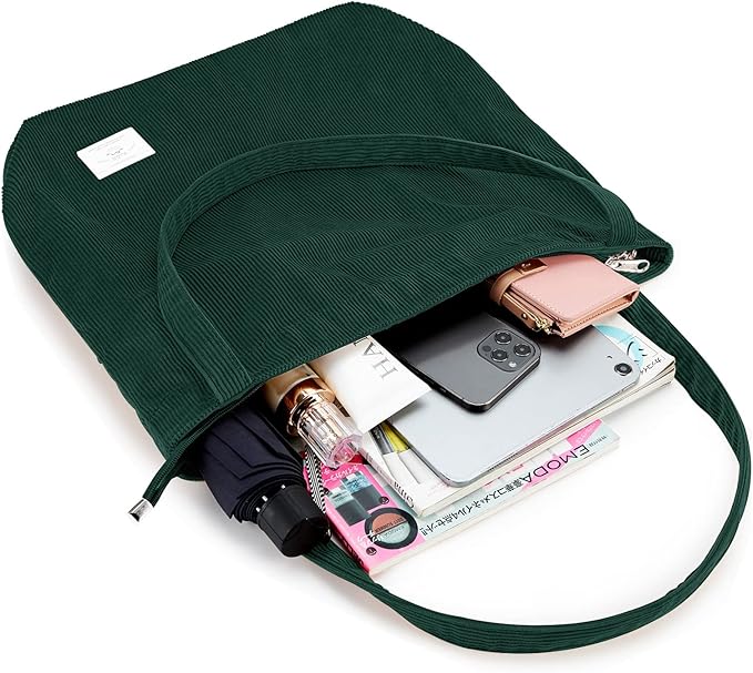 KALIDI Women Corduroy Tote Bag Zipper Casual Tote's Handbag Big Capacity Shoulder Bag with Pockets