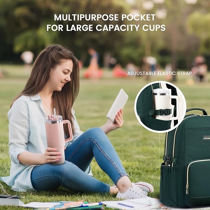 LOVEVOOK Laptop Backpack for Women with Pouch Pocket for Large Capacity Cup,17 Inch Laptop Computer Bag Travel Backpack Purse,Waterproof Work Business Backpack College Teacher Bags,Dark Green