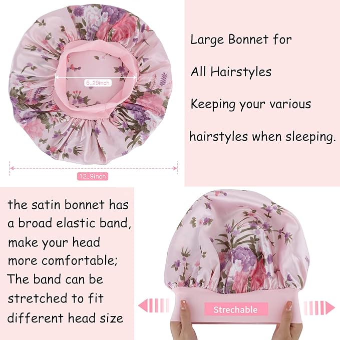3 Pack Satin Bonnet Silk Hair Bonnet for Sleeping, Sleep Bonnets for Women Large Wide Soft Band Sleep Cap for Curly Hair Braids