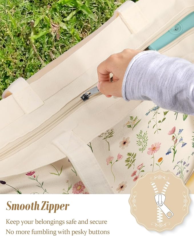 Large Tote Bag for Women - Aesthetic Cute Big Canvas Bags with Zipper Cotton Shoulder Bag for Gym, Travel, Work