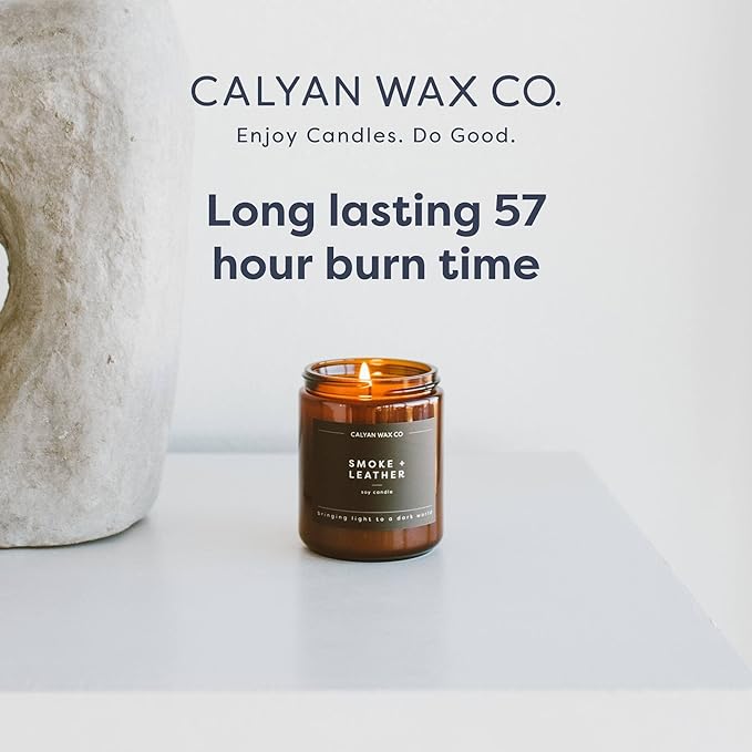 Calyan Wax Co. Soy Wax Candle, Vetiver + Tonka Scented Candle, 57 Hour Burn Time, Aromatherapy Soy Candles, Non Toxic & Vegan Soy Wax, Amber Glass Jar Scented Candles, 7.2oz