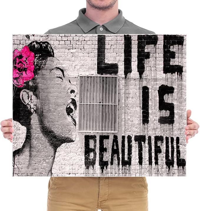 Wieco Art Abstract Giclee Canvas Prints Wall Art Ready to Hang for Kitchen Home Office Decor Banksy Life is Beautiful Large Modern Stretched and Framed Grey Impressionist Pictures Paintings Artwork