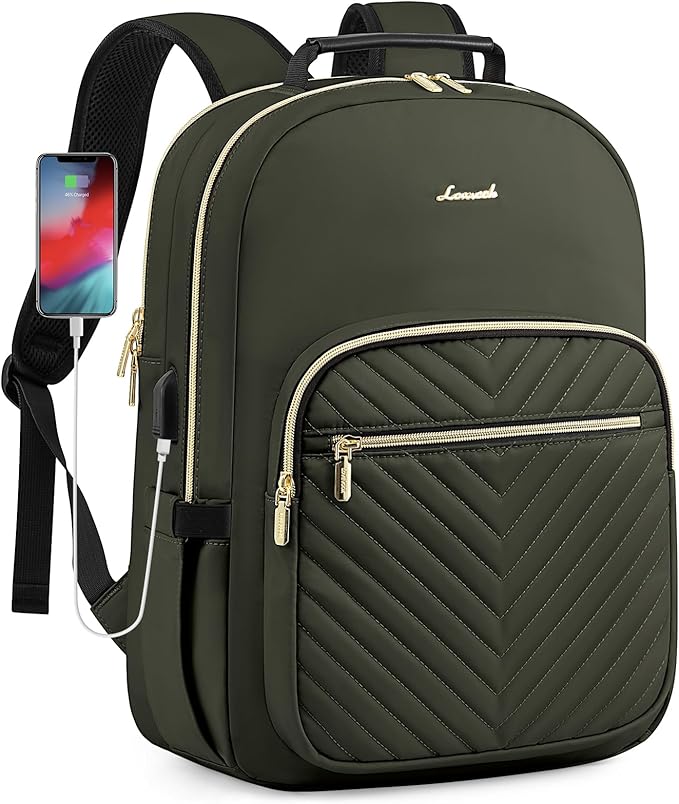 LOVEVOOK Laptop Backpack for Women, Travel Computer Work Bags with 17-inch Laptop Compartment, College School Student Bag Teen Backpacks For Girls, Outdoor Carry On Backpack Purse, Army Green