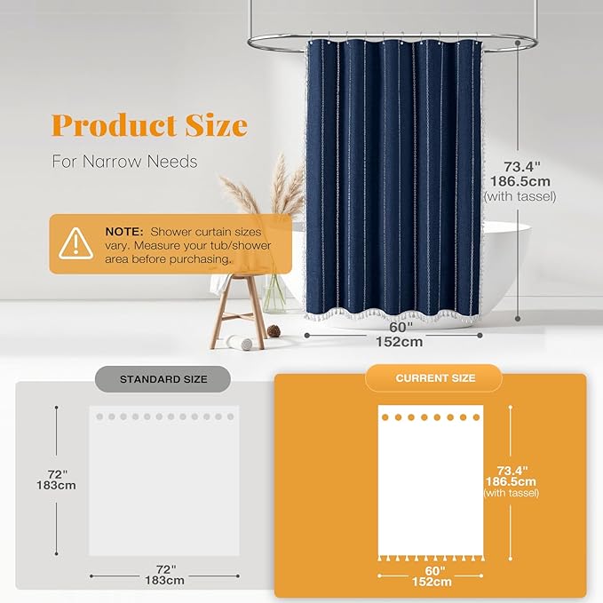 BTTN Stall Shower Curtain - 60x72 Narrow Boho Farmhouse Linen Vintage Striped Fabric Shower Curtain Set with 10 Hooks, Bohemian Cottage Decorative Heavy Duty Shower Curtains for Bathroom - Navy Blue