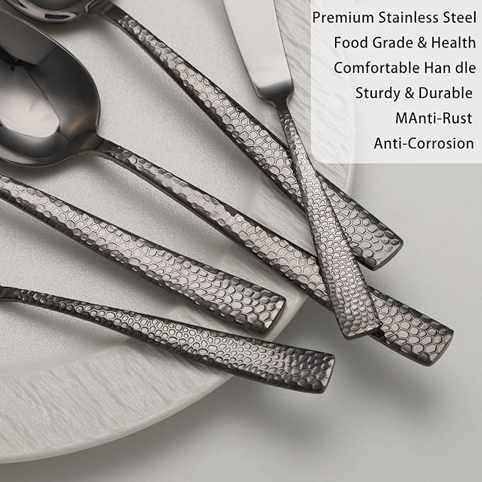 Large Hostess Serving Utensils Set, Stainless Steel Heavy Duty Hammered Serving spoons, Slotted Spoons, Serving Fork, Cake Server, Butter Knife, Dishwasher Safe（Black）