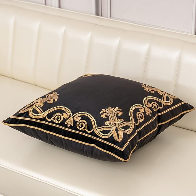 Aeckself European Floral Pillow Cover 16x16 Inch, Luxury Velvet Embroidered Decorative Throw Pillow Cover for Couch Bedroom Living Room, Black and Gold