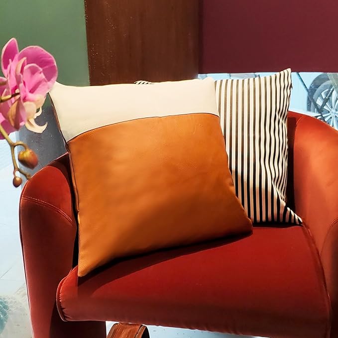 Faux Leather Throw Pillow Cover 18X18 Inch Set of 2 Brown Outdoor Modern Farmhouse Solid Decorative Pillow Covers for Room Couch Living Bedroom Bed Sofa