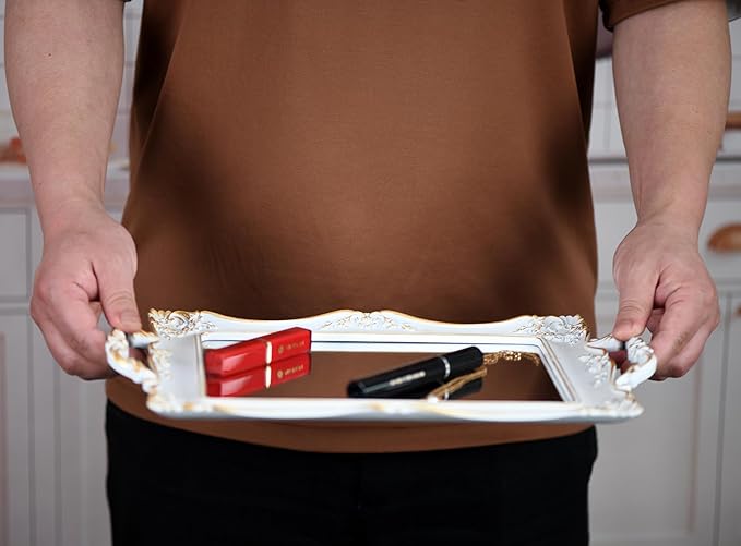 Antique Decorative Gold Framed Square Mirror Tray, Jewelry & Cosmetics Organizer for Dresser, Square - 9.5" W x 14.5" L (White)