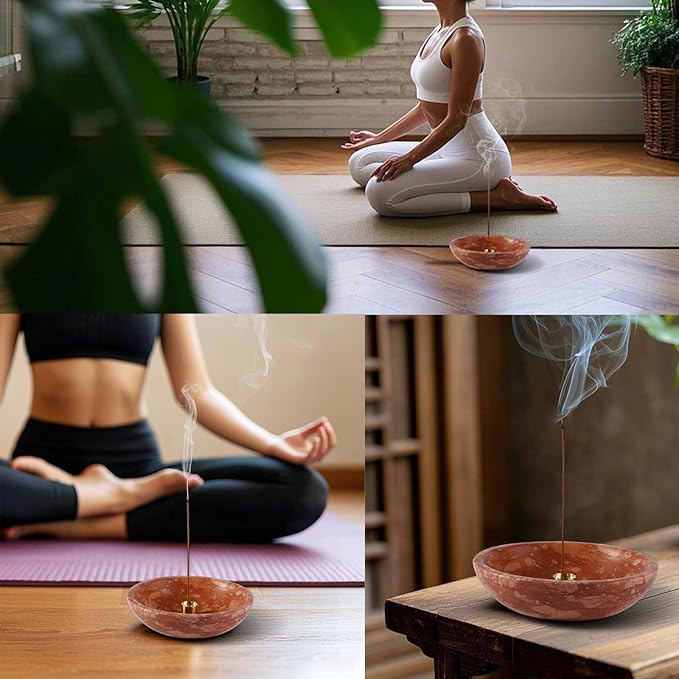 Koville Natural Marble Incense Holder, Incense Holder for Sticks with 9 Holes, Handmade Incense Burner Ash Catcher for Meditation Yoga SPA, Balsam Fir/Palo Santo/Sage/Cone (Red)