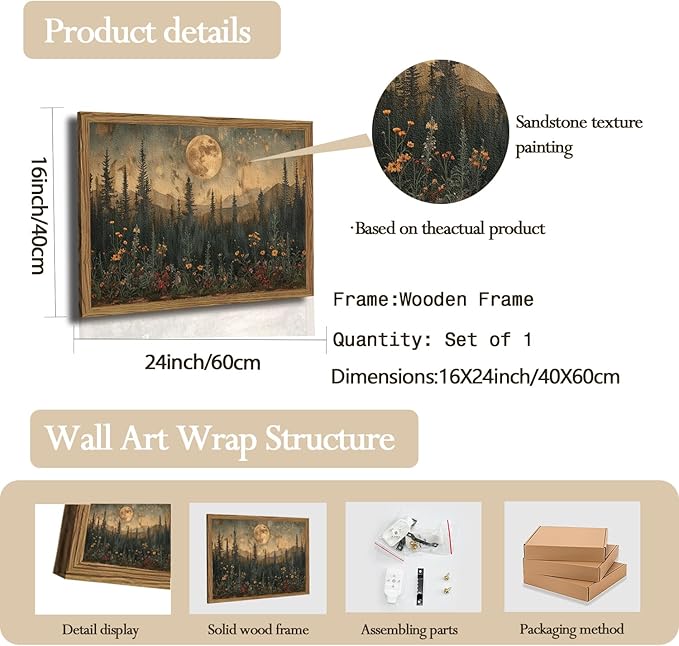 Vintage Moon Forest Wall Art, 3D Textured Nature Landscape Wall Decor Paintings, Hand Drawn Sandstone Woodland Wildflower Picture Prints Artwork for Bedroom Living Room 16x24 inch Wood Framed