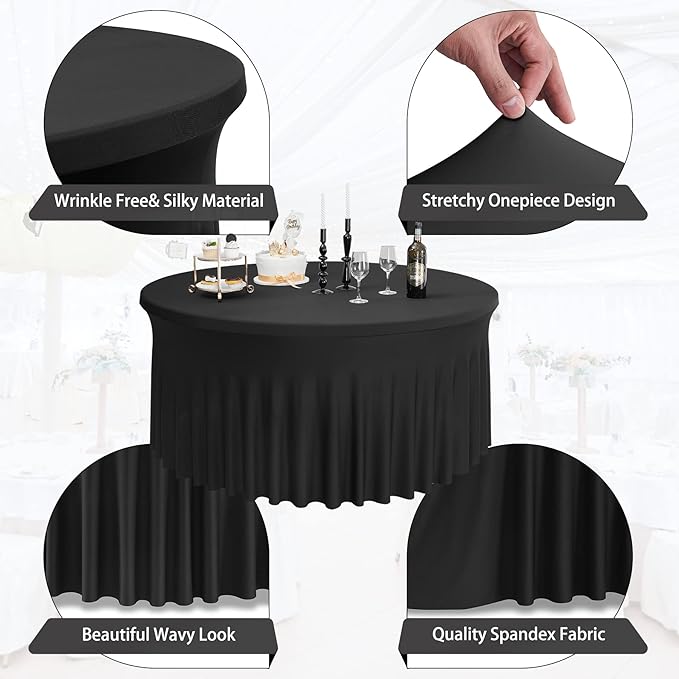 Outpain 6 Pack Black Round Spandex Tablecloth for 48Inch/4FT Tables - Stretchy Table Cloth with Skirt, Wrinkle-Free Fitted Cloth for Wedding Vendor, Banquet & Graduation Decor (108" Round)