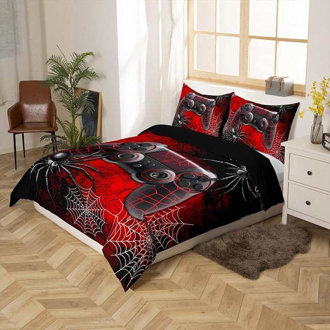 Boys Gamer Gamepad Duvet Cover Set King Size Kids Teen Man Gaming Theme Bedding Sets 3 Pcs for Room Decor, Fashion Spider Halloween Comforter Cover with 2 Pillowcases (No Comforter) Black Red