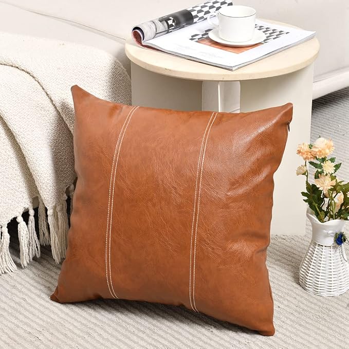 Fancy Homi Brown 26x26 Pillow Covers Set of 2, Euro Pillow Covers, Big Throw Pillow Covers for Couch Bed Bedroom Living Room, Cognac Brown Faux Leather Hand Stitched Square Cushion Case 66x66 cm