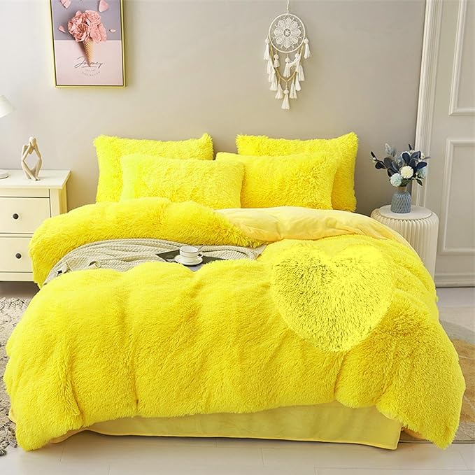 MorroMorn 5 PCS Plush Shaggy Duvet Cover Sets, Luxury Shag Fluffy Comforter Cover Fuzzy Bedding Set - Long Faux Fur Ultra Soft Cozy (Yellow, Full/Queen)