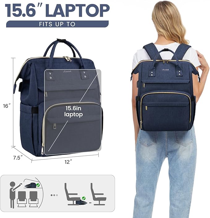 LOVEVOOK Laptop Backpack for Women,15.6 Inch Professional Womens Travel Backpack Purse Computer Laptop Bag Nurse Teacher Backpack,Waterproof College Work Bag Carry on Back Pack with USB Port,Dark Blue