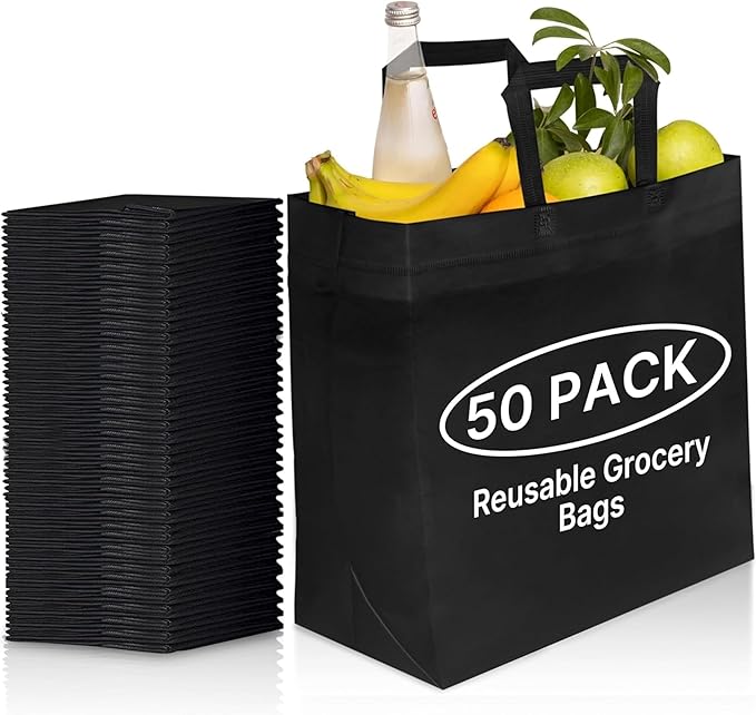 Simply Cool 50 Pack Black Reusable Eco-Friendly Grocery Shopping Bags 12.6"x6.3"x11.8" Durable, Recyclable Shopping Bags Washable, Foldable, Portable Tote Bags Bulk