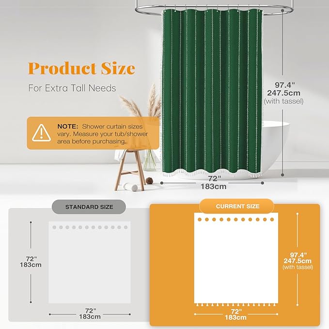 BTTN Extra Long Shower Curtain, 72x96 Long Striped Boho Chic Linen Fabric Heavy Duty Shower Curtain with Hooks, Tall Bohemian Farmhouse Luxury Tassel Cloth Shower Curtain for Bathroom, Emerald Green