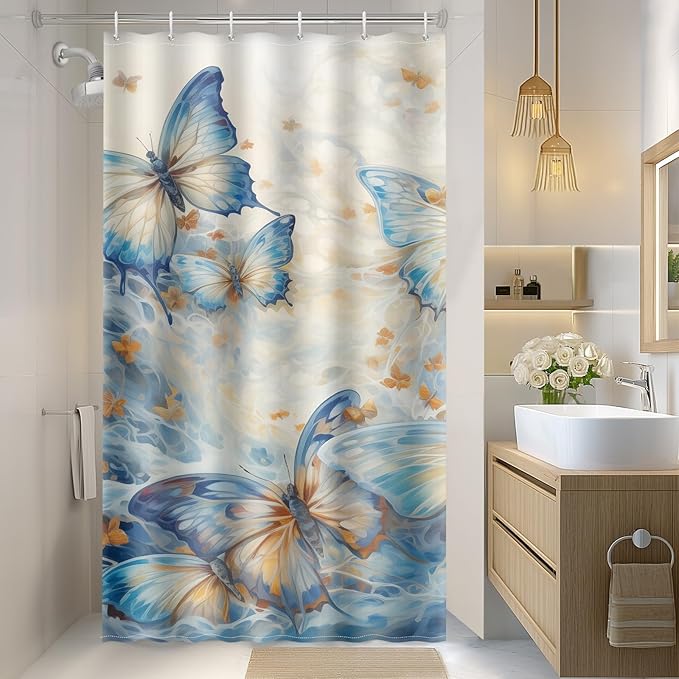 Aimego Stall Small Shower Curtain - Butterfly Blue Burnt Orange Watercolor Oil Painting Spring Summer Narrow Half Fabric Cloth Shower Curtain Set with Hooks for Bathroom Decor Accessories, 36"x72"